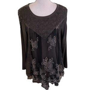 Feratelli Brown/Black Embroidered Knit/Mesh Scoop Neck Blouse M